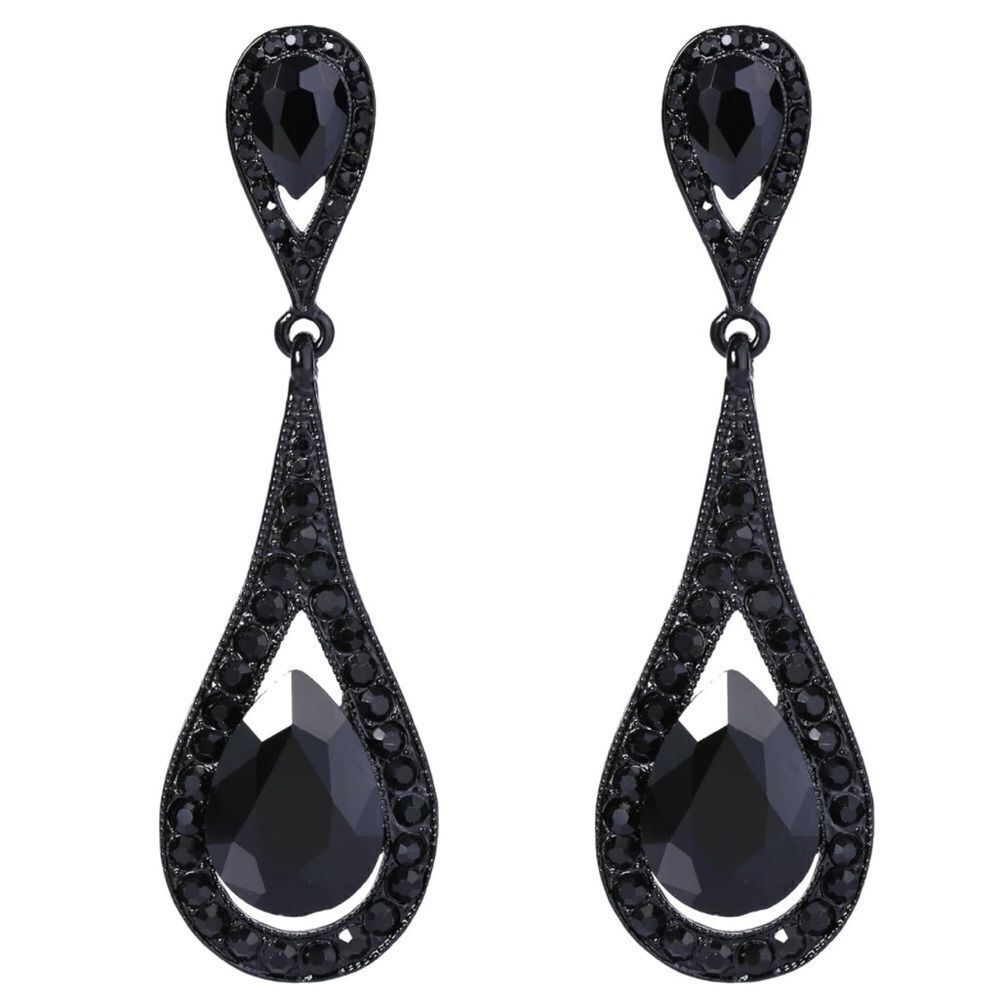 Carbon Black with Black Onyx Austrian Crystal Dual Dangling Teardrop Earrings